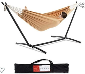 lot 8 image: PNAEUT Double Hammock with Space Saving Steel Stand Included 2 Person Heavy Duty Outside Garden Yard Outdoor 450lb Capacity 2 People Standing Hammocks and Portable Carrying Bag ( Wheat )