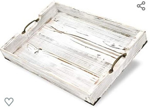 lot 36 image: Boxwood Brothers Large 20 x 14 Inch Ottoman Tray, Distressed White Farmhouse, Solid Pine Serving Tray with Padded Feet and Bronze Handles