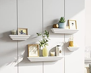 lot 40 image: SRIWATANA White Floating Shelves, Solid Wood Storage Wall Shelves Set of 4 Display Ledge Shelves Decor for Bedroom, Living Room, Bathroom, Kitchen - White