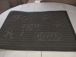lot 87 image: Gorilla Grip Doormat and Pet Feeding Placemat, Doormat is Size 23x35 in Gray Stone Paws Pattern, Pet Feeding Mat is Size Great for Messes from Dogs.