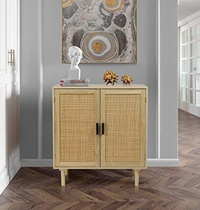 lot 94 image: Finnhomy Sideboard Buffet Cabinet, Kitchen Storage Cabinet with Rattan Decorated Doors, Liquor Cabinet, Dining Room, Hallway, Cupboard Console Table, Accent Cabinet, 31.5X 15.8X 34.6 Inches, Natural