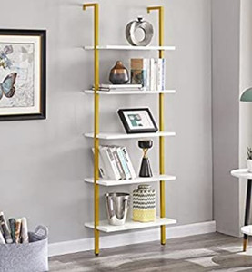 lot 97 image: PRAISUN Ladder Shelf, 5 Tier Industrial Bookshelf for Bedroom, Open Wall Mount Bookshelf, Display Storage Rack Organizer, White and Gold Shelves