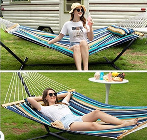 lot 100 image: Y- STOP 13.2FT Hammock with Pillow, Quilted Fabric Hammock with Chains and Hooks for Outdoor, Indoor, Double Solid Wood, for Two Person, Max 440 Lbs, Beige (Beaches Stripe)