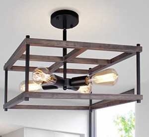 lot 144 image: 4-Light Farmhouse Semi Flush Mount Ceiling Light Fixture, Rustic Retro Wood Ceiling Light, Black Metal Industrial Farmhouse Ceiling Lights for Living Room Hallway Kitchen Entryway Bedroom Dining Room