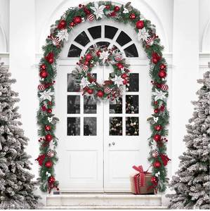 lot 30324 image: Valery Madelyn Pre-Lit 6 Feet Traditional Red White Christmas Garland with 20 LED Lights and Ball Ornaments for Front Door Window Fireplace Mantle Xmas Decor, Battery Operated