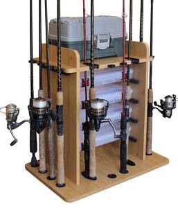 lot 31451 image: Rush Creek Creations 14 Fishing Rods with 4 Storage Capacity Storage Boxes and Double Rod Clips - Features Sleek Design and Wire Shelving System