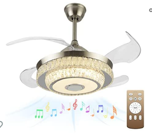 lot 34697 image: LED Retractable Crystal Ceiling Fan, 3 Light Change LED Silent Fan Chandelier with Remote Control, Modern Indoor Ceiling Fan with Light Bluetooth APP 36W 42 Inch (Silver)
