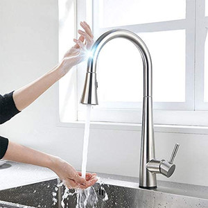 lot 103 image: Touch on Kitchen Faucet, SUS304 Stainless Steel Faucet Mixer Tap with Pull Down Sprayer, Single Hole Deck Mount Kitchen Faucet   (Retails $210)