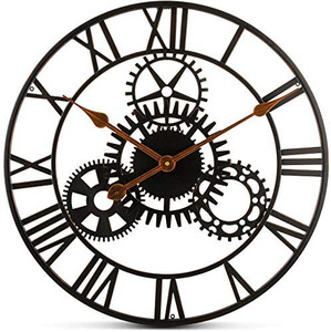 lot 62389 image: Bernhard Products Extra Large Wall Clock 20 Inch Decorative Wrought Iron, Silent Quartz Industrial Gears Black Rustic Metal Roman Numeral European Steampunk Cog Vintage Distressed Details, Battery