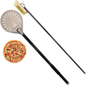 lot 63450 image: Round Perforated Turning Pizza Peel 9 and Pizza Oven Brush with Scraper, Gourmet Luxury Pizza Paddle for Baking Homemade, Detachable Aluminum Handle