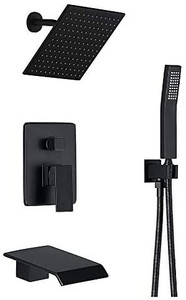 lot 63461 image: Shower System Matte Black Wall Mount Bathroom Shower Fixtures with 8 inch Rain Shower Head and Waterfall Tub Spout Bathtub Faucet