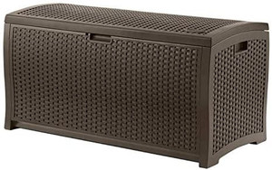 lot 63479 image: Suncast 99 Gallon Resin Wicker Patio Outdoor Storage Container for Toys, Furniture Deck box, Mocha