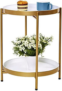 lot 63494 image: Toymay Folding Metal Side Table, 2 Tier Tray End Table Sofa Tables, Waterproof Round Coffee Table, Gold and white