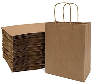 lot 63500 image: Brown Paper Bags with Handles - 8x4x10 Inch 100 Pack Small Kraft Shopping Bags, Craft Gift Totes in Bulk