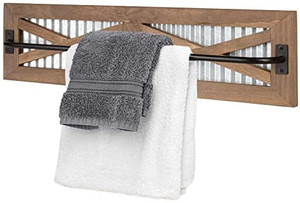 lot 63502 image: Rutello Rustic Towel Bar with Galvanized Backing for Bathrooms, 24x6 Inches - Wall Mounted Towel Rack Barnwood & Black Metal Bar, Farmhouse Decor