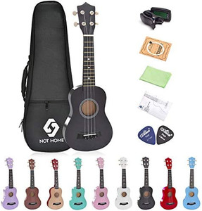 lot 64309 image: Soprano Ukulele for Beginners, 21 Inch Basswood Ukuleles Starter Set with Gig Bag Digital Tuner, Spare Strings and Picks, Black  (21 Inch)