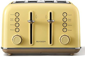 lot 64314 image: BUYDEEM DT-640 4-Slice Toaster, Extra Wide Slots, Retro Stainless Steel with Lever-Lift, Bagel and Muffin Function, Crumb Remover Tray, 7-Tone Settings, Dim Yellow