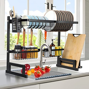 lot 65275 image: Over The Sink Dish Drying Rack Adjustable, Large Dish Drainer for Kitchen Counter Organizer Storage Space Saver with Utility Hooks  (May not be exact stock photo)