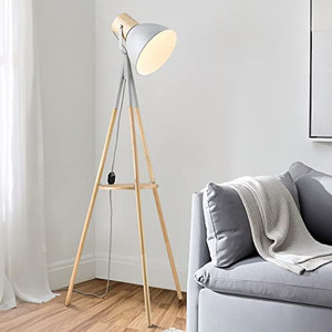 lot 65278 image: ELYONA Tripod Floor Lamp with Table, Dimmable Rubber Wood Floor Lamp with Adjustable Metal Shade, Modern Boho Tall Standing Light, LED Bulb Included, White Grey