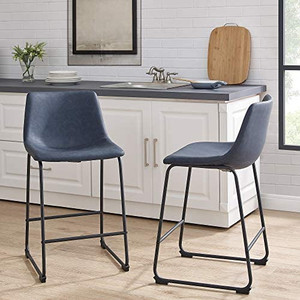 lot 65287 image: Walker Edison Douglas Urban Industrial Faux Leather Armless Counter Chairs, Navy Blue  (Set of 2)