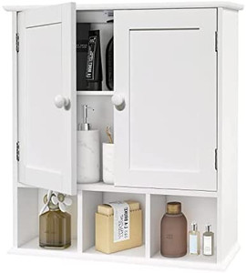 lot 65294 image: TaoHFE Wall Mounted Bathroom Cabinet with 2 Doors and Open Shelves Wooden Medicine Cabinet Storage for Bathroom & Living Room & Kitchen, White   (May not be exact stock photo)