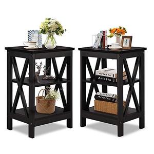 lot 65307 image: VECELO Modern Versatile Nightstands X-Design Side End Table Night Stand Storage Shelf with Bin Drawer for Living Room Bedroom, Set of 2 (Black A2)