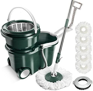lot 65310 image: MASTERTOP Spin Mop Bucket with Wringer Set, Floor Mop with 2 Wheel Easy Move, Stainless Steel Adjustable Handle, 5 Microfiber Replacement Head Refills, 1 Floor Brush  (Appears New)
