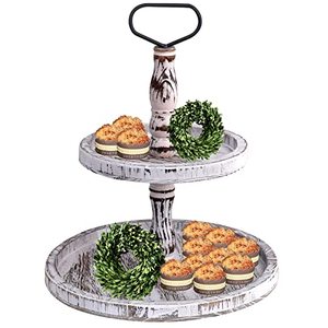lot 65312 image: LKMANY Tiered Tray Cupcake Stand 2 Tier Tray Stand Serving Cakes Tray Decorative Trays with Handle, Round Rustic Stand
