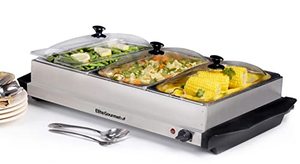 lot 65313 image: Elite Gourmet EWM-6171# 7.5 Quart Triple Buffet Server Food Warmer Temperature Control, Clear Slotted Lids, Perfect for Parties, Entertaining & Holidays, Stainless Steel