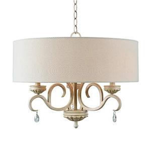 lot 65314 image: Kenroy Home Rustic 3 Lt Drum Chandelier, 17 Inch Height, 22 Inch Diameter with Weathered White Finish with Gold Highlights