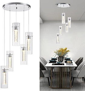 lot 65316 image: ZHLWIN Pendant Ceiling Light Fixture for Kitchen Island, Integrated LED Hanging Light with Crystal Bubble Glass 30W,Modern Chandelier, Restaurant, Dining Room (5-Light)  (At least one glass cylinder is broken)  (Retails $119)