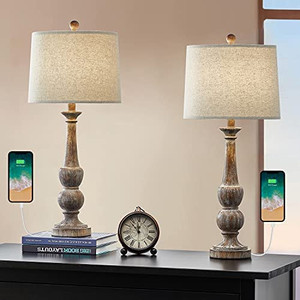 lot 65326 image: OYEARS Table Lamp for Living Set of 2 USB Antique Retro 27.75� Nightstand USB Lamp for Bedroom Rustic Table Lamp Vintage Style Bedside Traditional Table lamp Brown