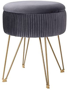 lot 65333 image: Storage Ottoman Round Footrest Stool - MKAKA(2022 Dressing Upholstered Vanity Chair with Golden Metal Legs for Home Living Room Bedroom, Grey