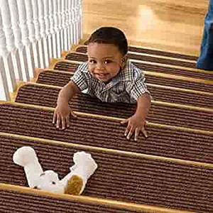 lot 65877 image: TreadSafe Carpet Stair Treads Non-Slip  8x30 Set of 15  Non Slip Backing  Non Slip Stair Runner for Safety and Grip for Kids Elders and Dogs (Brown)