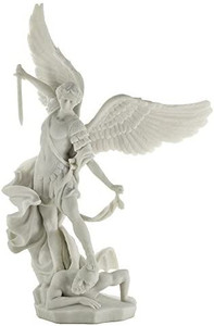 lot 65881 image: Top Collection Archangel St. Michael Statue - Greek Roman Catholic Angel Saint Miguel Sculpture in Premium White Marble Finish- 14.5-Inch Collectible Peace and Justice Figurine Defeating Lucifer
