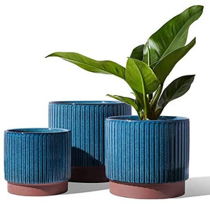 lot 65909 image: LE TAUCI Plant Pots with Drainage Holes, 86.55.5 Inch Ceramic Outdoor Planter Pots, Stripe Planters for Plants Flower, Small to Large Size, Set of 3, Reactive Glaze Blue