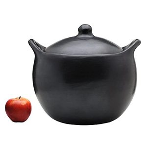 lot 66032 image: Black Clay Round Cooking Pot with Lid (6 Quarts) (11.5 handle to handle) - Handmade in La-Chamba, Colombia, Unglazed, Toxin and Contaminant Free - Earthenware Cookware   (Damaged--See photos)  (SOLD AS IS)