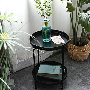 lot 66040 image: Black Metal End Table, Round Accent Side Table, Multifunctional as Nightstand for Bedroom, Corner Plant Stand Shelf, Black