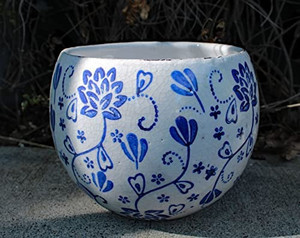 lot 66049 image: Old World Hand-Pressed Ceramic Blue and White Round planters or Garden pots (Round Shape Flower Print 6.25 inches Tall)