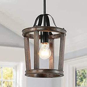 lot 66054 image: Mini Pendant Light, Wooden Chandelier 1-Light Hanging Lantern Light, Farmhouse Chandelier Rustic Handmade Wood Pendant Lamp for Kitchen Island, Foyer, Dining Room, Bedroom, Living Room