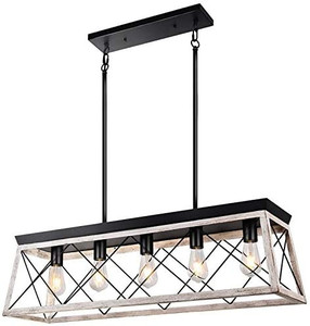lot 66063 image: Kitchen Island Light, 5-Light Distressed White Wood Finish Rustic Dining Table Chandelier Ceiling Light Hanging   (Stock photo may differ)