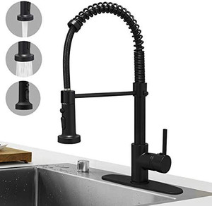 lot 66086 image: Hoimpro Matte Black Spring Kitchen Faucet with Pull Down Sprayer, RV Black Kitchen Sink Faucet with Pull Out Sprayer, 3 Function Single Handle Laundry Faucet with Cover Plate, Brass  (Single or 3 Hole)