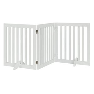 lot 67837 image: Unipaws Freestanding Wooden Dog Gate, Foldable Pet Gate with 2PCS Support Feet, Dog Barrier Indoor Pet Gate Panels for Stairs, 24 Inch Tall, 60 Inch Wide, White