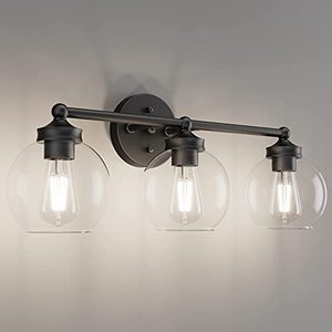 lot 67854 image: Tipace Industrial Bathroom Vanity Lighting Fixtures 3-Lights Vintage Matte Black Finish with Globe Clear Glass Vanity Lights Farmhouse Bath Lighting (Excludes Bulb)