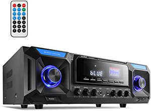 lot 67857 image: Moukey Home Audio Amplifier Stereo Receiver Bluetooth 5.0- 330W 2 Channel FM, with USBSD, 2 Mic in Echo, RCA3.5mm AUX, LED, Remote for Home SpeakerParty Karaoke-MAMP7