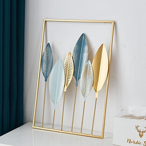 lot 67862 image: Gold Metal Wall Decor, Leaf Art Wall Hanging Home Decor with Frame, Wall Decoration Sculpture for Living Room, Bedroom, Office Decor Ornaments, Blue & Gold Leaves (11.8 X 17.7 In)