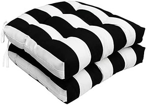 lot 67868 image: Set of 2 Indoor Outdoor Chair Cushions for Patio, Seat Pads with Ties, U-Shape Seat Pads for Garden 19 x 19 (19 x 19, Black Stripe)