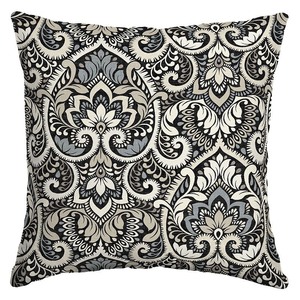 lot 24582 image: Arden Selections - Black Aurora Damask Outdoor 16 x 16 in. Square Pillow (Set of 2) - Retail $35.99
