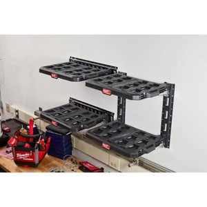 lot 24456 image: Milwaukee PACKOUT - 22.3 in. Black Resin Racking Shelf with Metal Reinforced Frame - Retail $49.00