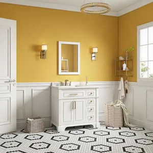 lot 24457 image: Home Decorators Collection - Melpark 36 in. W x 22 in. D Bath Vanity in White with Cultured Marble Vanity Top in White with White  Sink - Retail $1,037.42